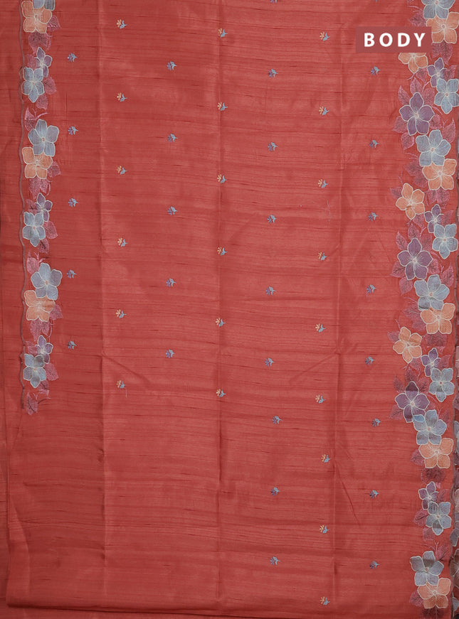 Semi raw silk saree rust shade with embroidery buttas and floral embroidery border