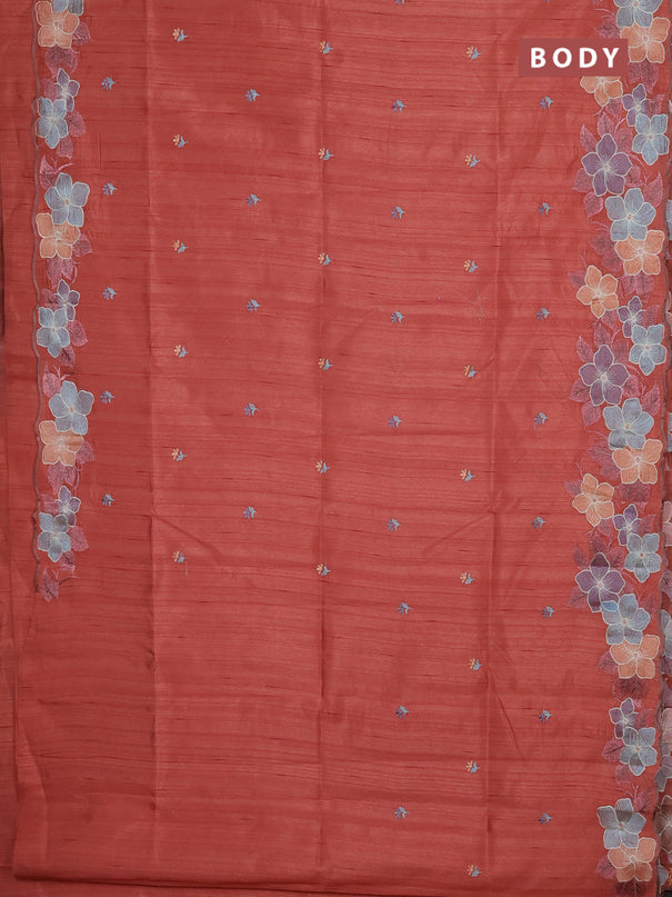 Semi raw silk saree rust shade with embroidery buttas and floral embroidery border