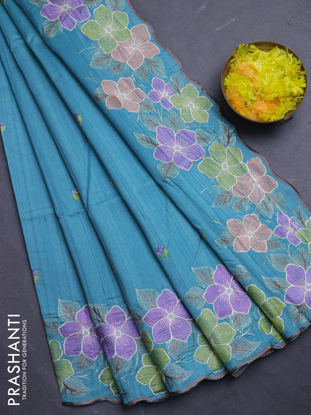 Semi raw silk saree teal blue with embroidery buttas and floral embroidery border