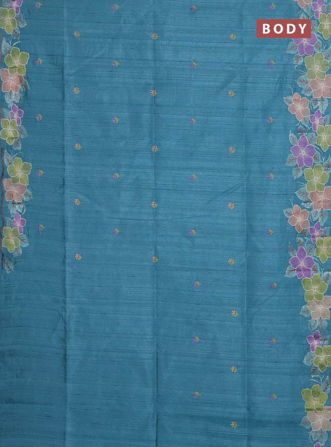 Semi raw silk saree teal blue with embroidery buttas and floral embroidery border