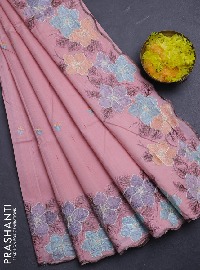 Semi raw silk saree peach with embroidery buttas and floral embroidery border