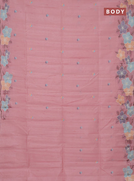 Semi raw silk saree peach with embroidery buttas and floral embroidery border