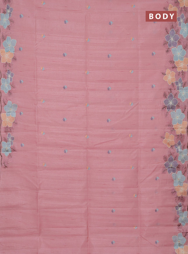 Semi raw silk saree peach with embroidery buttas and floral embroidery border