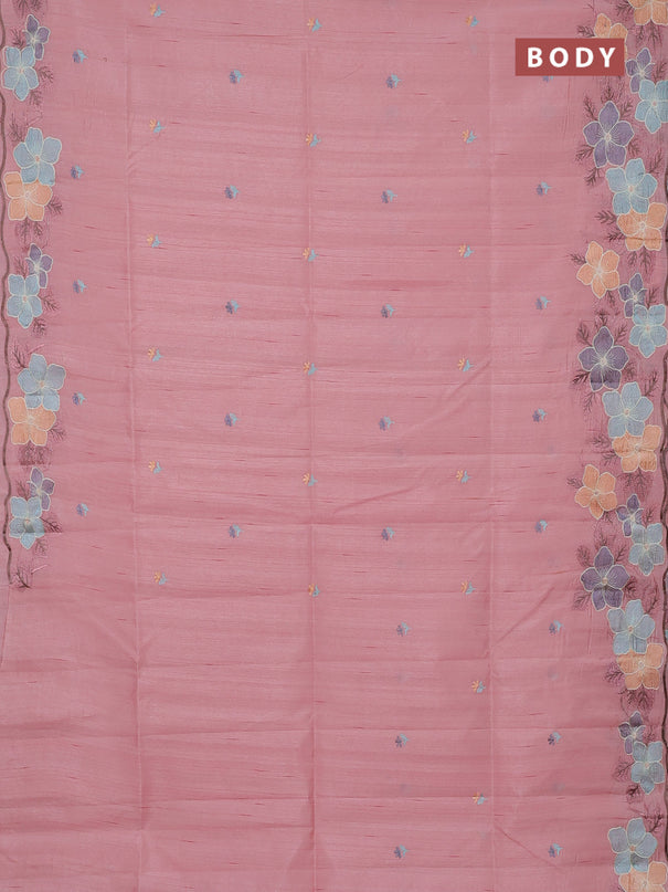 Semi raw silk saree peach with embroidery buttas and floral embroidery border