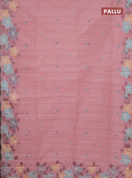 Semi raw silk saree peach with embroidery buttas and floral embroidery border