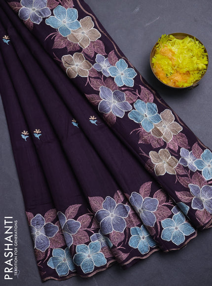Semi raw silk saree wine shade with embroidery buttas and floral embroidery border