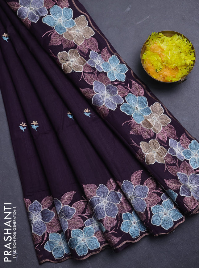Semi raw silk saree wine shade with embroidery buttas and floral embroidery border