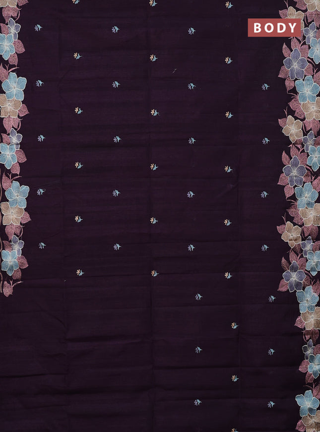 Semi raw silk saree wine shade with embroidery buttas and floral embroidery border