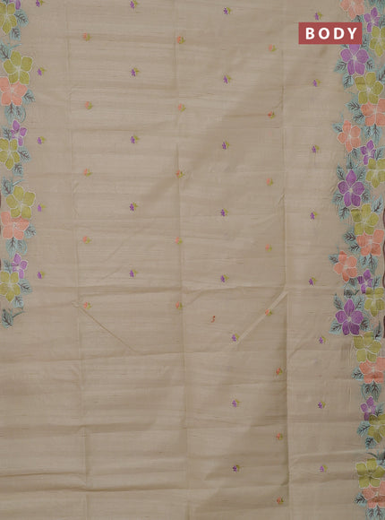 Semi raw silk saree beige with embroidery buttas and floral embroidery border
