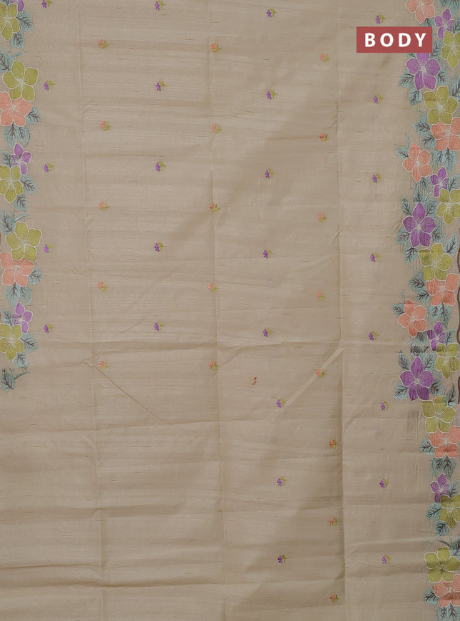 Semi raw silk saree beige with embroidery buttas and floral embroidery border