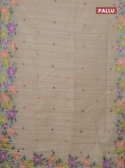 Semi raw silk saree beige with embroidery buttas and floral embroidery border