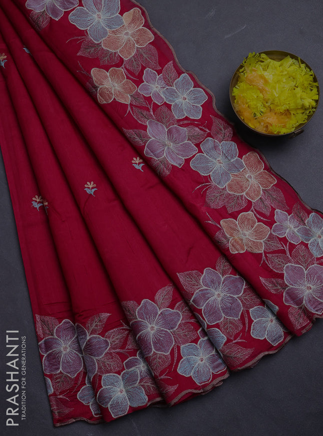 Semi raw silk saree pink with embroidery buttas and floral embroidery border