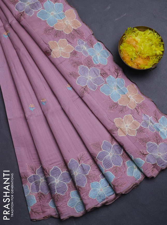 Semi raw silk saree pastel pink with embroidery buttas and floral embroidery border