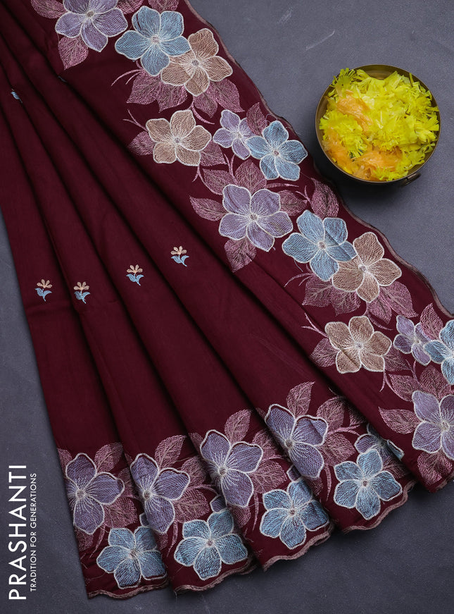 Semi raw silk saree deep maroon with embroidery buttas and floral embroidery border