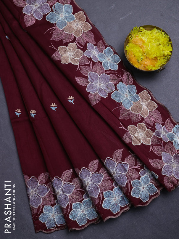 Semi raw silk saree deep maroon with embroidery buttas and floral embroidery border