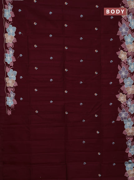 Semi raw silk saree deep maroon with embroidery buttas and floral embroidery border