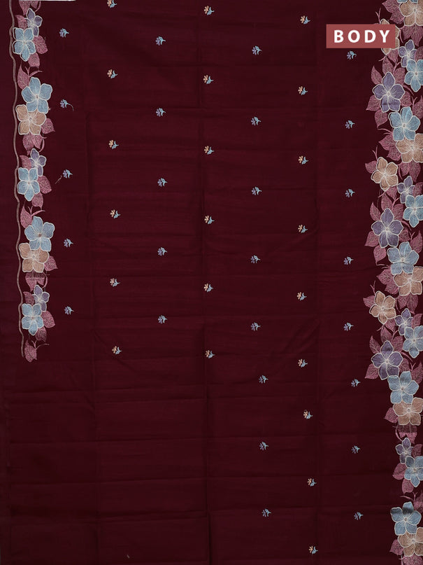 Semi raw silk saree deep maroon with embroidery buttas and floral embroidery border