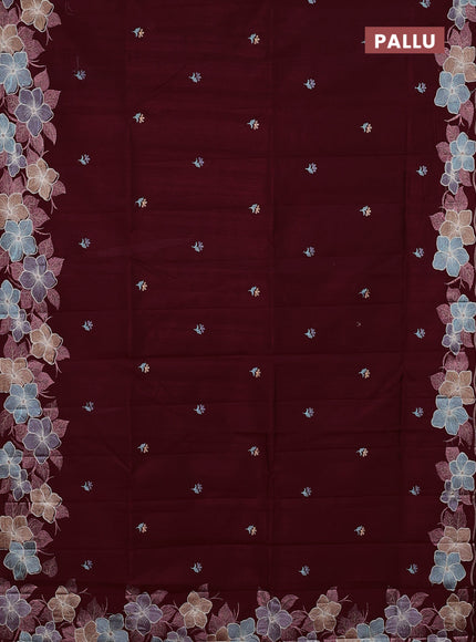 Semi raw silk saree deep maroon with embroidery buttas and floral embroidery border