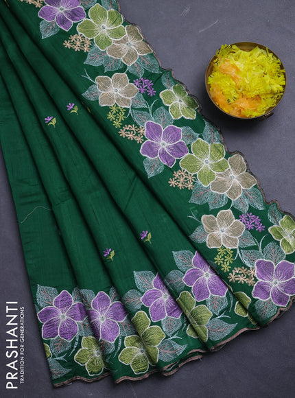 Semi raw silk saree bottle green with embroidery buttas and floral embroidery border
