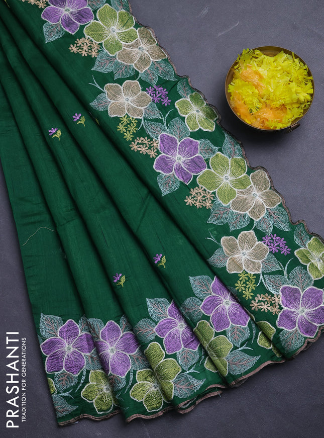 Semi raw silk saree bottle green with embroidery buttas and floral embroidery border