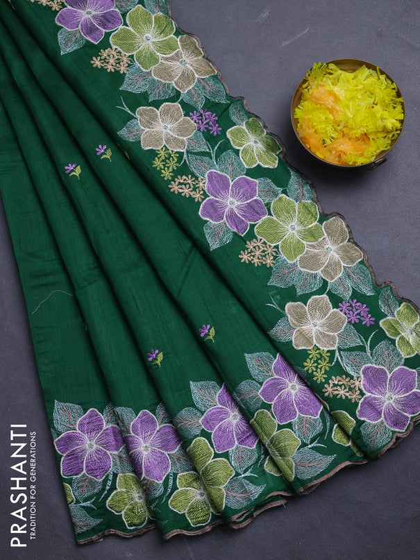 Semi raw silk saree bottle green with embroidery buttas and floral embroidery border