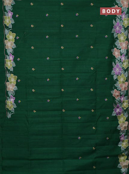 Semi raw silk saree bottle green with embroidery buttas and floral embroidery border