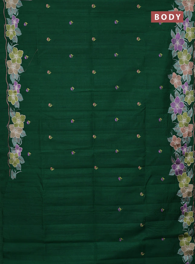 Semi raw silk saree bottle green with embroidery buttas and floral embroidery border