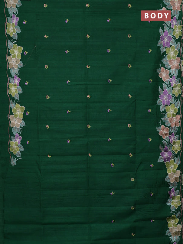 Semi raw silk saree bottle green with embroidery buttas and floral embroidery border