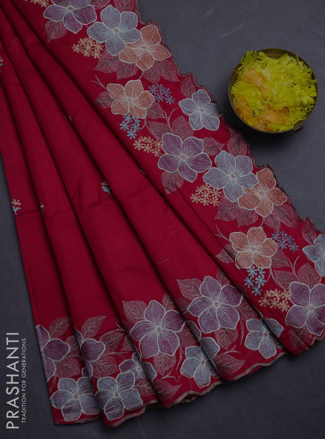 Semi raw silk saree pink with embroidery buttas and floral embroidery border