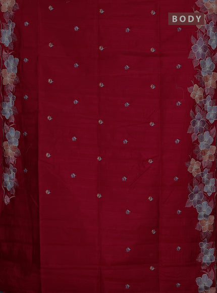 Semi raw silk saree pink with embroidery buttas and floral embroidery border