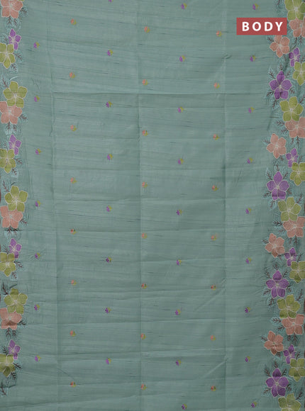 Semi raw silk saree pastel green with embroidery buttas and floral embroidery border