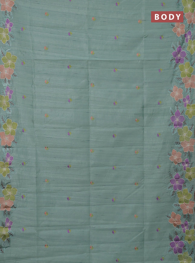 Semi raw silk saree pastel green with embroidery buttas and floral embroidery border