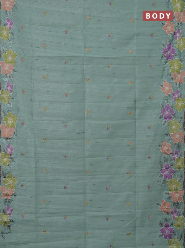 Semi raw silk saree pastel green with embroidery buttas and floral embroidery border