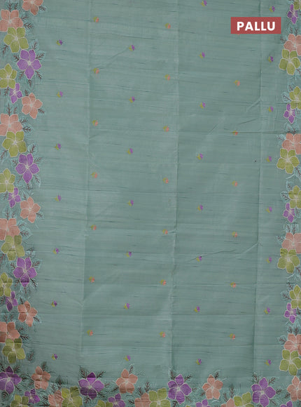 Semi raw silk saree pastel green with embroidery buttas and floral embroidery border
