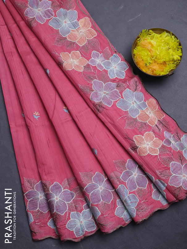 Semi raw silk saree pastel pink with embroidery buttas and floral embroidery border