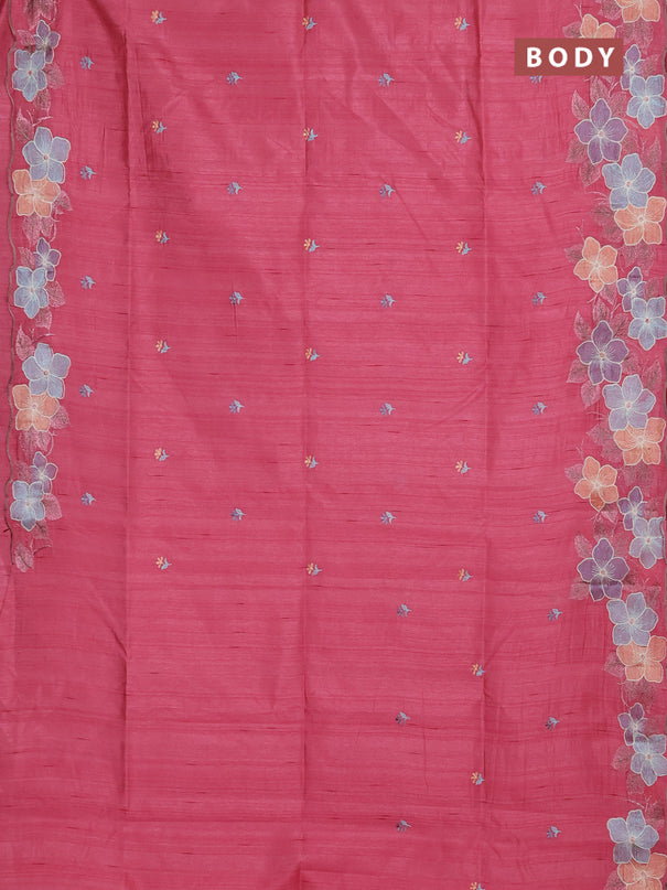 Semi raw silk saree pastel pink with embroidery buttas and floral embroidery border