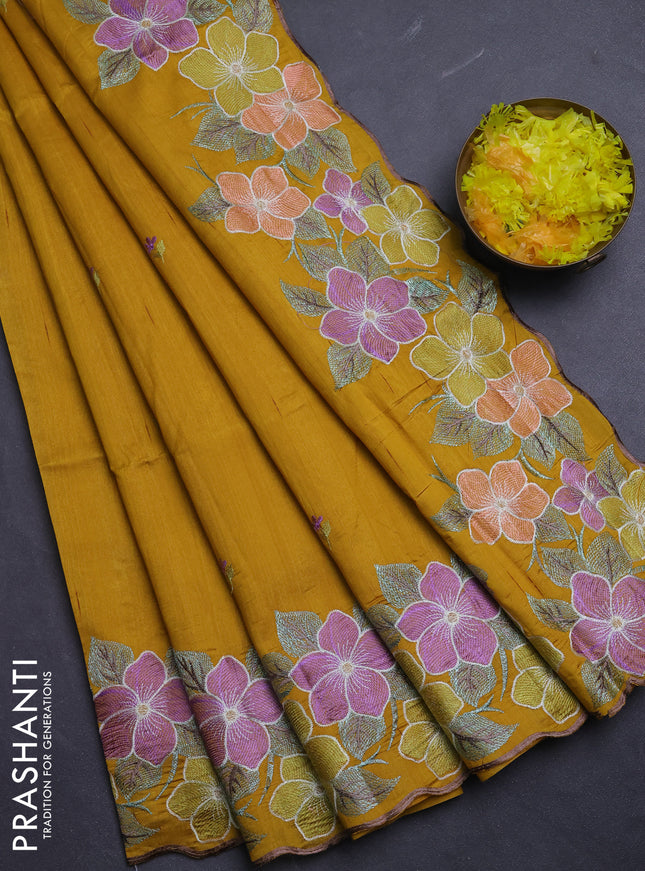 Semi raw silk saree mustard yellow with embroidery buttas and floral embroidery border