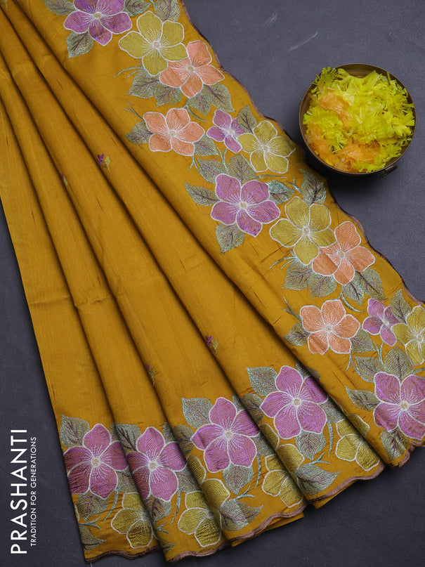 Semi raw silk saree mustard yellow with embroidery buttas and floral embroidery border