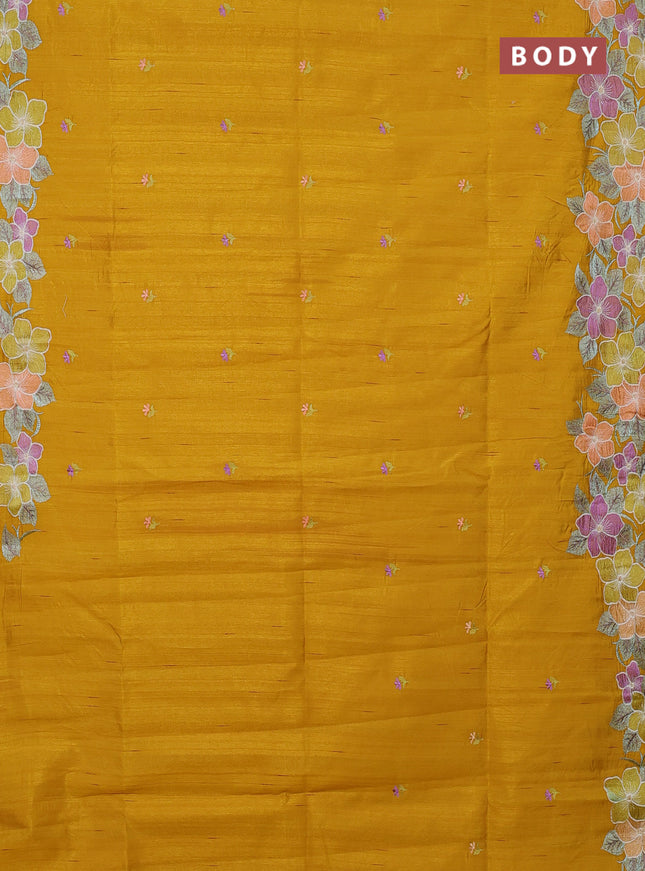 Semi raw silk saree mustard yellow with embroidery buttas and floral embroidery border