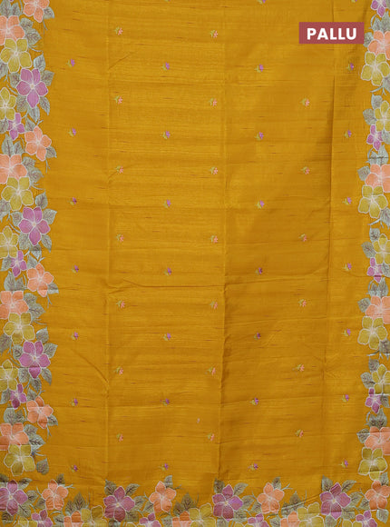 Semi raw silk saree mustard yellow with embroidery buttas and floral embroidery border