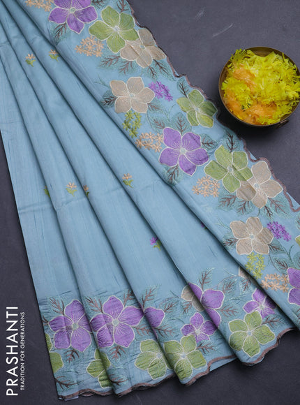Semi raw silk saree pastel blue with embroidery buttas and floral embroidery border