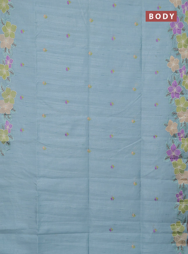Semi raw silk saree pastel blue with embroidery buttas and floral embroidery border