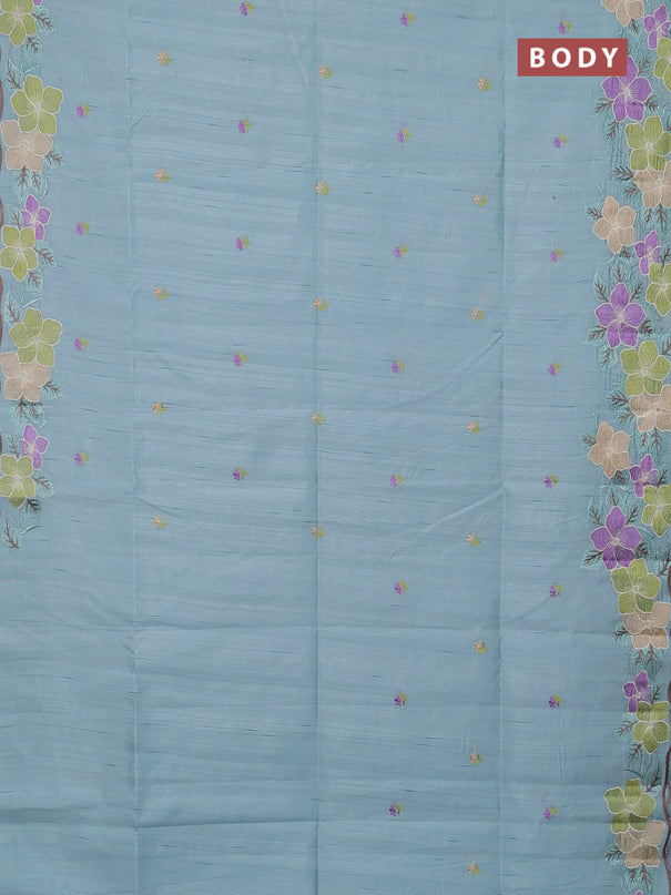 Semi raw silk saree pastel blue with embroidery buttas and floral embroidery border