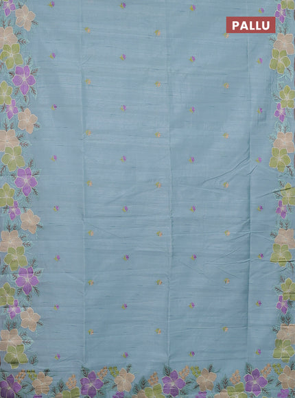 Semi raw silk saree pastel blue with embroidery buttas and floral embroidery border