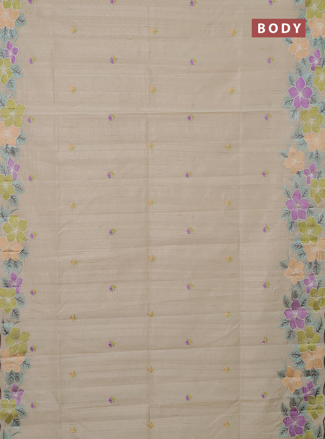 Semi raw silk saree beige with embroidery buttas and floral embroidery border