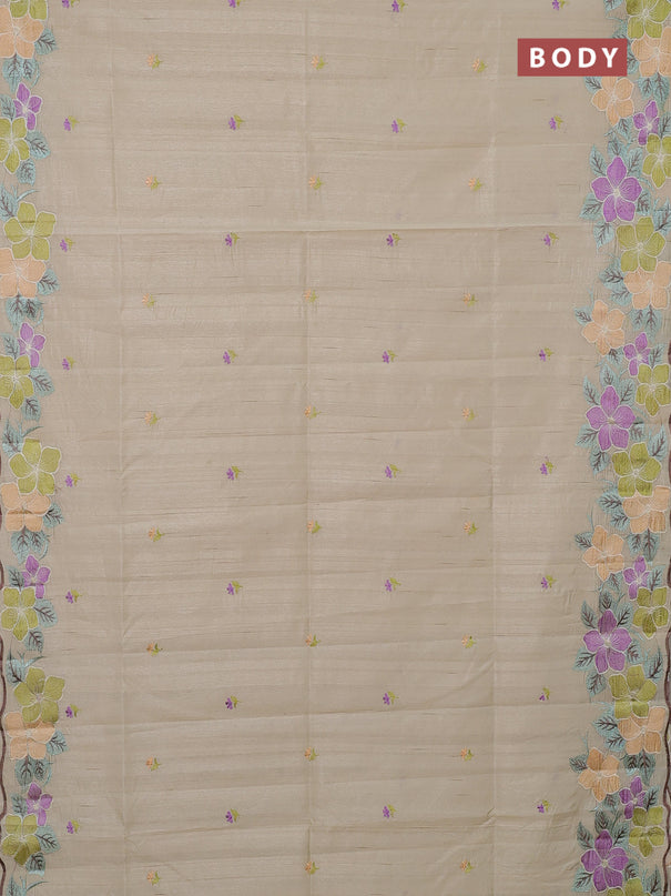 Semi raw silk saree beige with embroidery buttas and floral embroidery border
