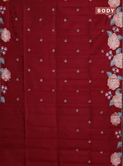 Semi raw silk saree maroon with embroidery buttas and floral embroidery border