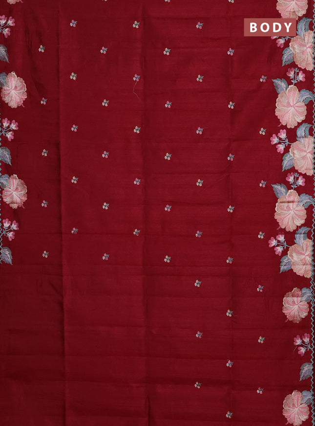 Semi raw silk saree maroon with embroidery buttas and floral embroidery border