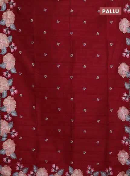Semi raw silk saree maroon with embroidery buttas and floral embroidery border
