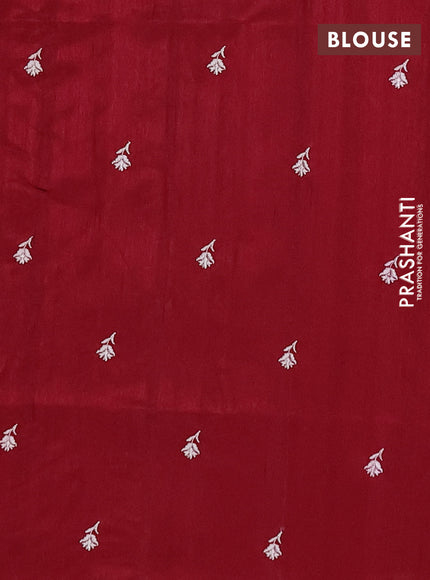 Semi raw silk saree maroon with embroidery buttas and floral embroidery border